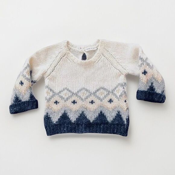 BABE & TESS Soft! Italian Alpaca Pullover Nordic Sweater Sz 12 M Ivory Blue - Picture 1 of 6